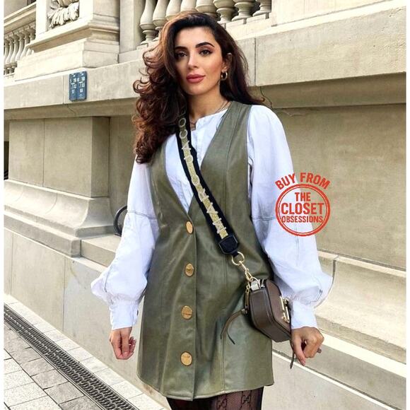 💚 ZARA V-Neck Button Mini Dress NWT | Green Faux Leather Pinafore S/M - Picture 3 of 16